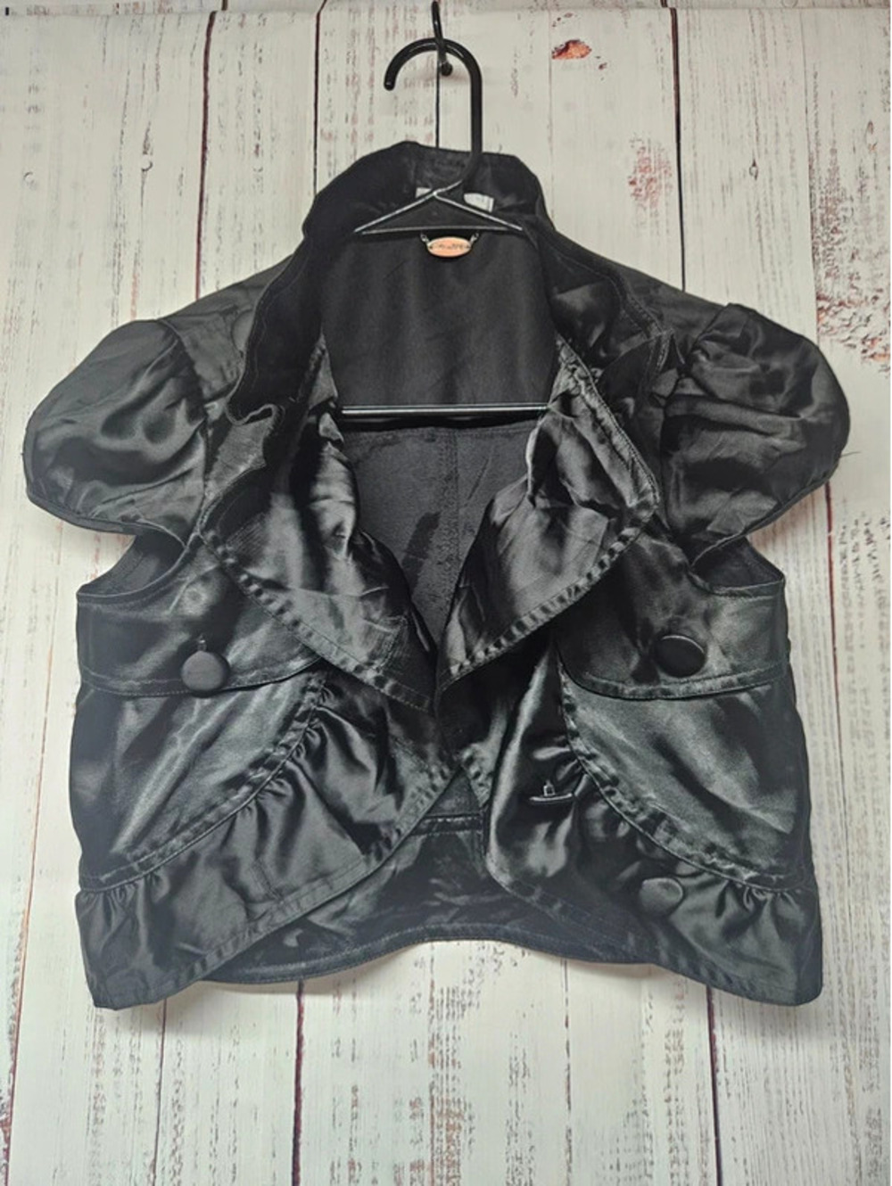 Ali & Kris Stretch Womens M Black Satin Bolero Jacket Puff Sleeve Cropped Y2K